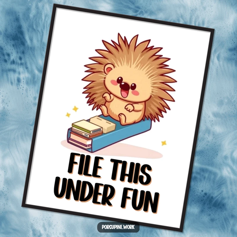 Funny digital art print illustrating a porcupine gleefully sliding down a file folder ramp, offering instant humorous office wall decor.