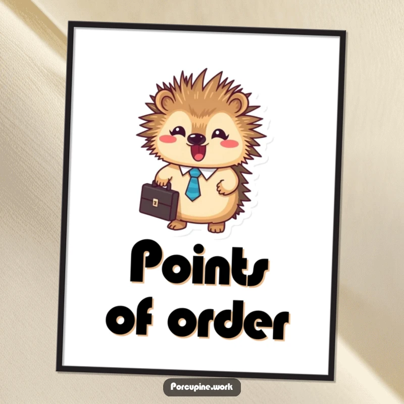 Funny business porcupine digital art print showing a determined, tie-wearing porcupine with a briefcase, ready for business.