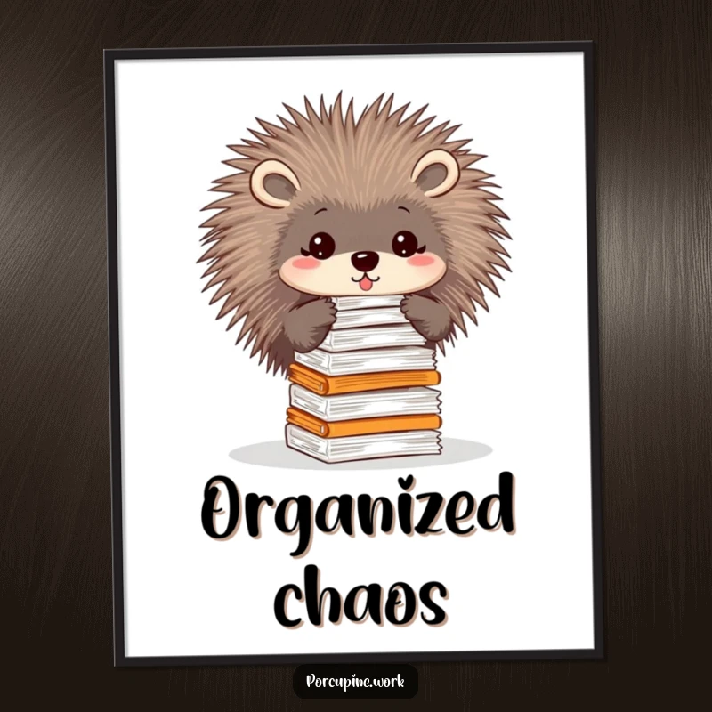 Funny digital art print of a porcupine balancing a stack of papers on its quills, embodying skillful organization.