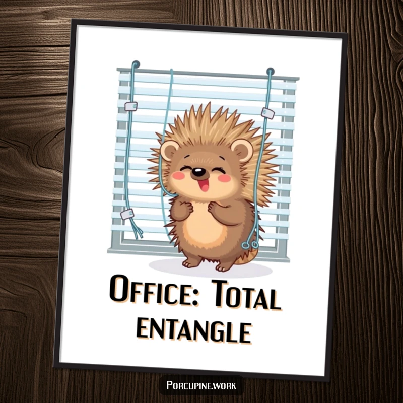 Funny porcupine comically tangled in office blinds, humorous digital art print for office decor.