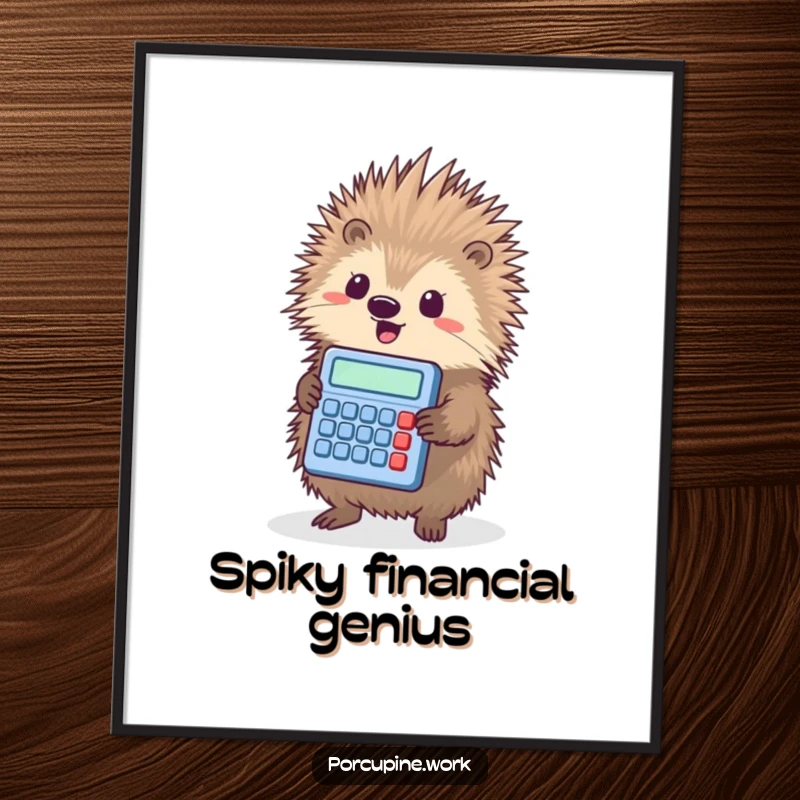 Funny porcupine triumphantly holding a tiny calculator, a humorous and printable math-themed art piece.