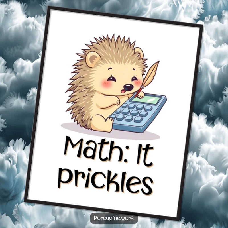 Funny porcupine tapping a calculator with a quill, whimsical digital art print for math enthusiasts' decor.