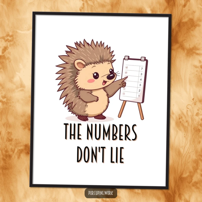 Funny digital art print of a porcupine pointing at a business chart, representing smart analysis and office-related humor.
