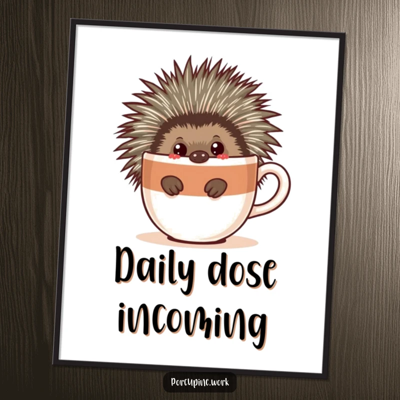 Funny digital art print of a porcupine peeking around a giant coffee cup, offering instant, quirky, and coffee-centric humor for decor.
