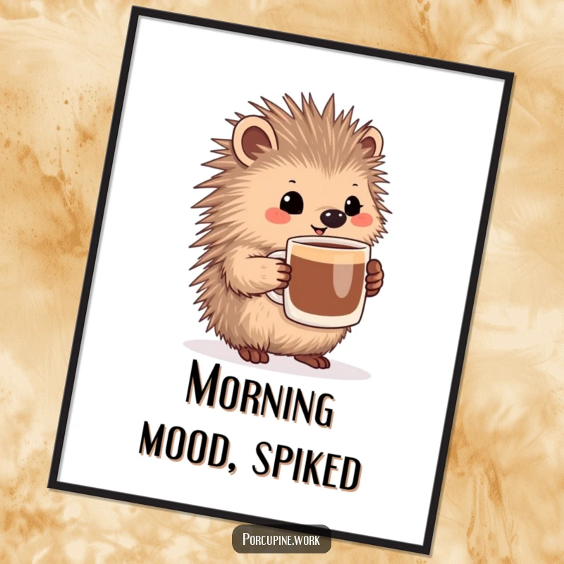 Funny porcupine holding a large coffee mug with a pleased expression, a humorous and printable coffee-themed art piece.