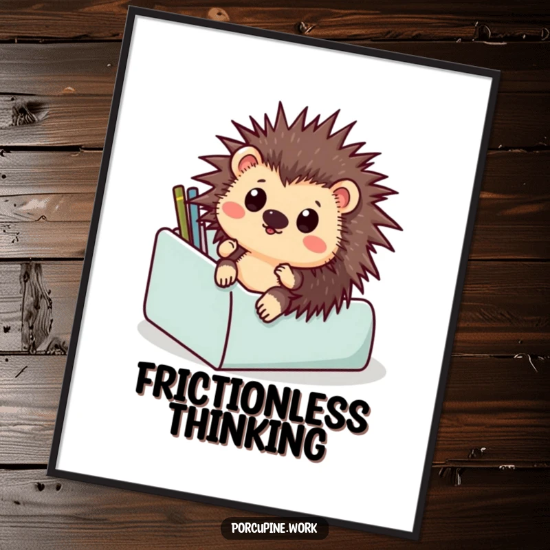 Funny digital art print of a surprised porcupine sliding down a desk organizer, offering a humorous and relatable office scene.