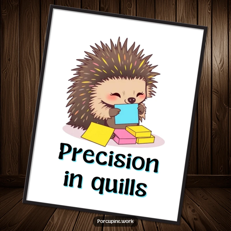 Funny Digital Art Print of a porcupine meticulously arranging sticky notes with its quills, a humorous piece for wall decor.