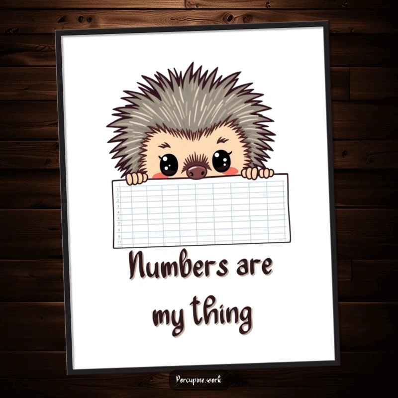 Funny Digital Art Print of a porcupine with wide, focused eyes peering over a spreadsheet, a humorous piece for office decor.