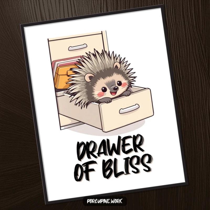 Funny digital art print of a porcupine sliding down a filing cabinet drawer with an expression of pure, unadulterated delight and office amusement.