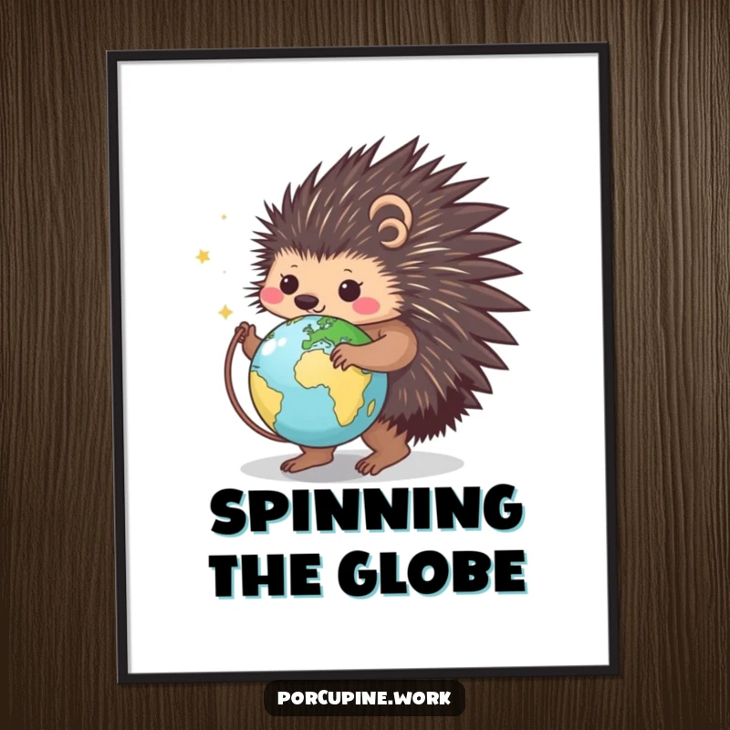 Funny digital art print of a smiling porcupine spinning a tiny globe, bringing instant, humorous, and travel-themed joy to any wall.