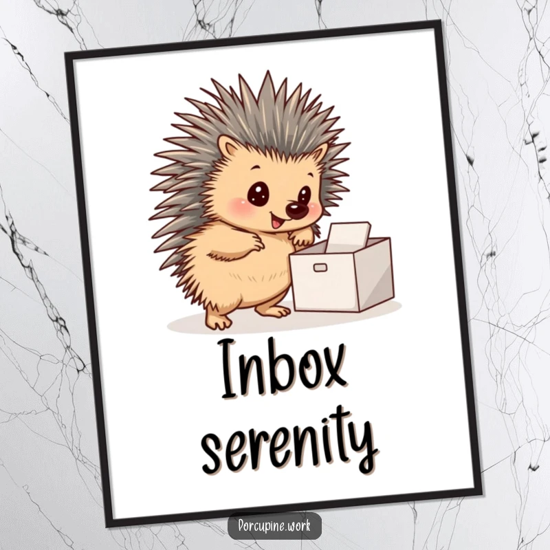 Funny digital art print of a porcupine posing by a neat inbox, perfect for motivational office decor.