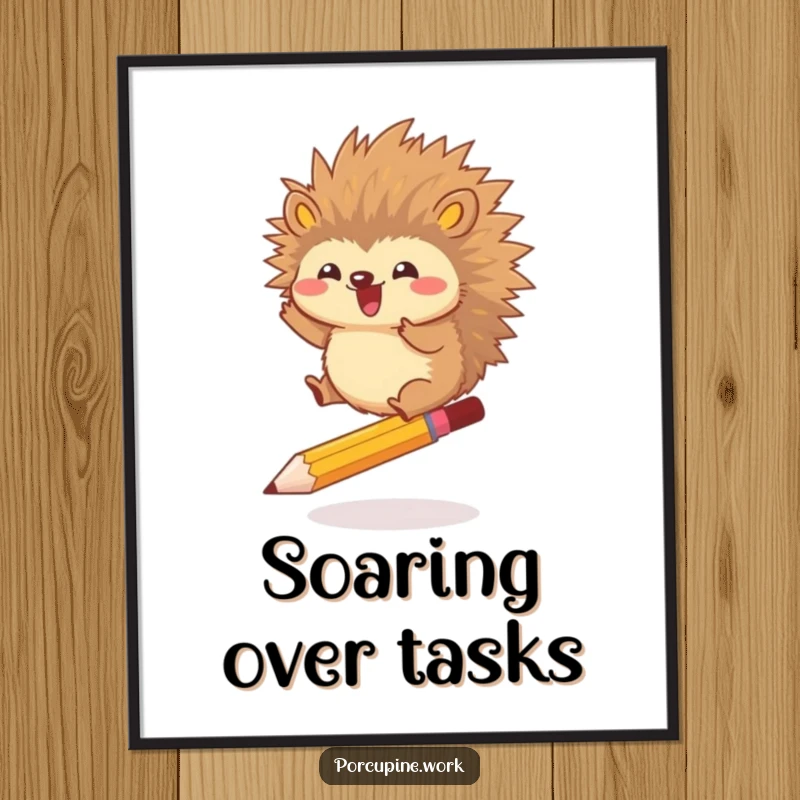 Funny digital art print of a porcupine gleefully jumping over a pencil, bringing instant, humorous, and energetic charm to any wall.