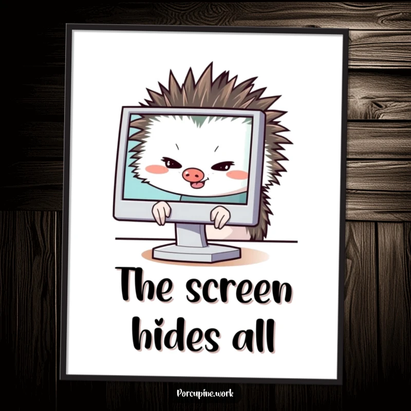 Funny porcupine hiding behind a computer monitor with a sly grin, digital art print for wall decor, humorous and mischievous.