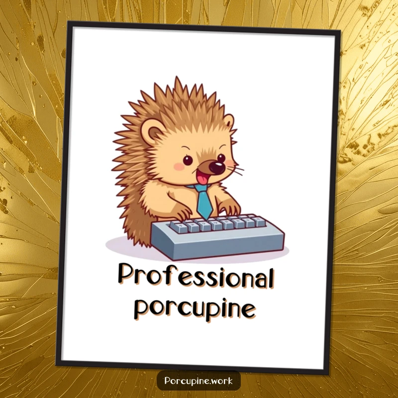 Funny digital art print of a porcupine wearing a tiny tie, typing enthusiastically on a computer keyboard.