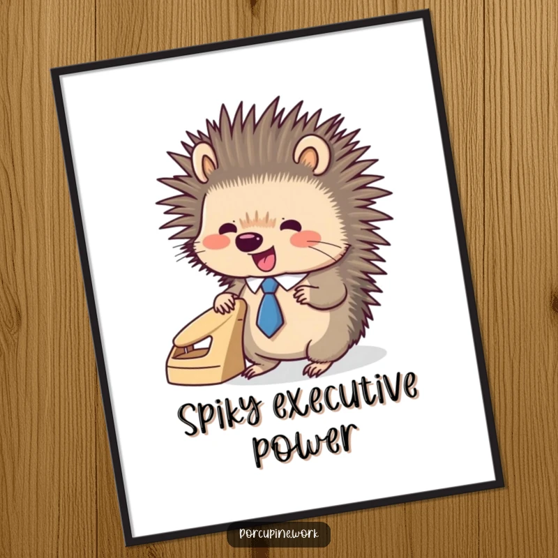 Funny porcupine wearing a tiny tie, enthusiastically using a hole punch, a humorous and printable office art piece.