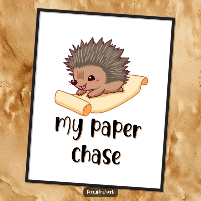 Funny Digital Art Print: A gleeful porcupine slides down a paper scroll, capturing pure, unadulterated joy digitally.