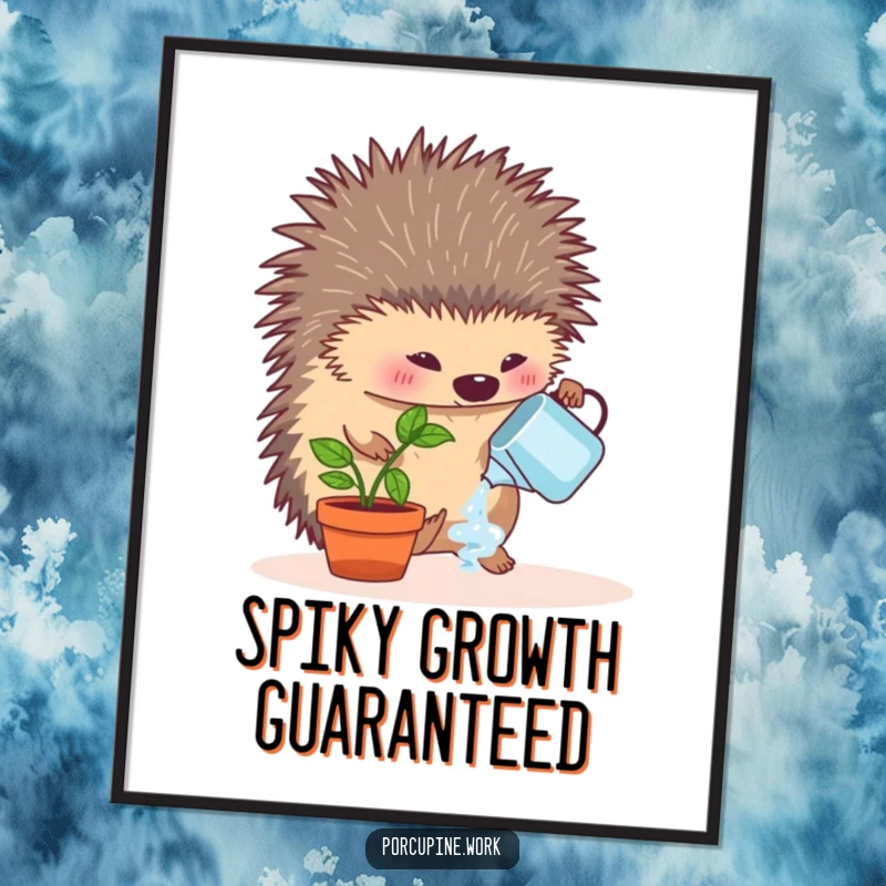 Funny digital art print illustrating a porcupine enthusiastically watering a tiny potted desk plant, offering instant humorous green-themed wall decor.