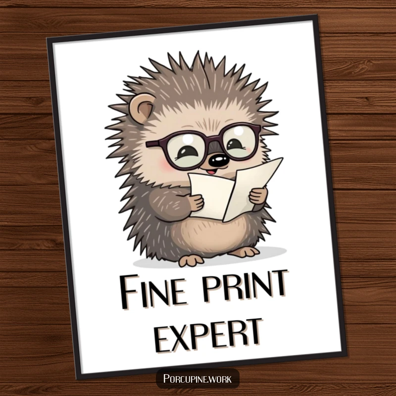Funny digital art print of a porcupine with glasses reading a minuscule document, embodying intellectualism and playful wit.