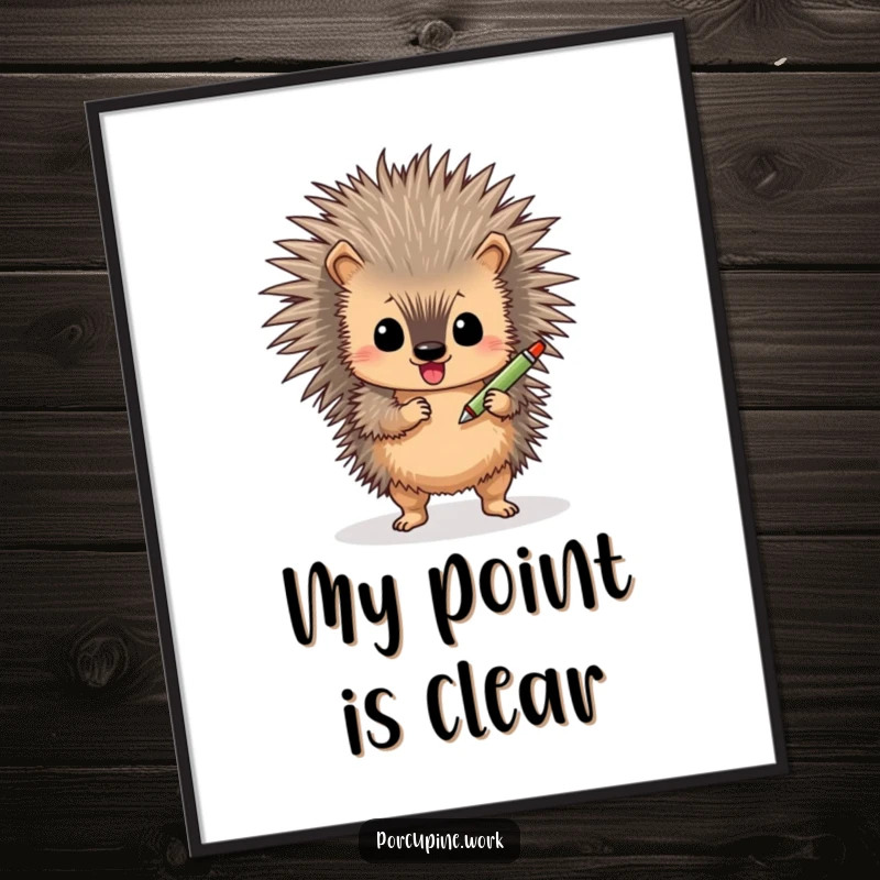 Funny porcupine digital art print, a cute animal doing a happy shimmy with a pen, vibrant and cheerful.