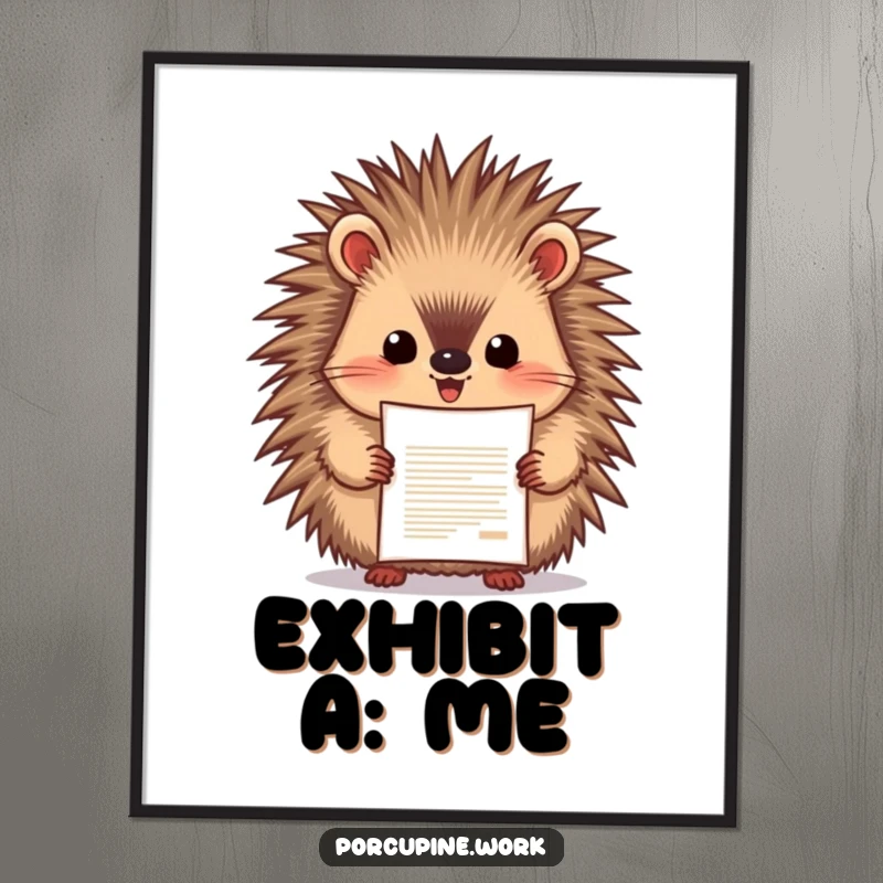 Funny porcupine enthusiastically presenting a document with pride, digital art print for wall decor, motivational and humorous.