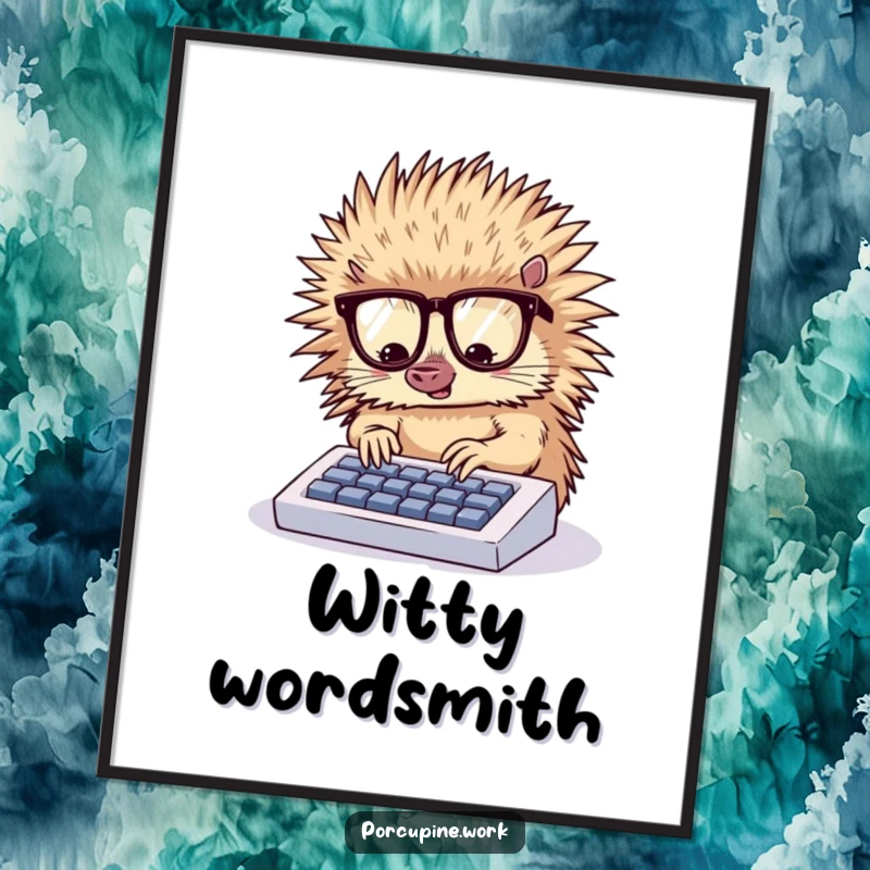 Funny digital art print of a porcupine with glasses enthusiastically typing on a small keyboard, embodying diligent focus.