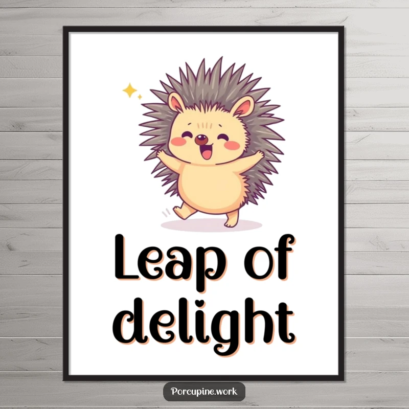Funny digital art print of a porcupine doing a tiny hop to celebrate, conveying pure joy and a playful spirit.