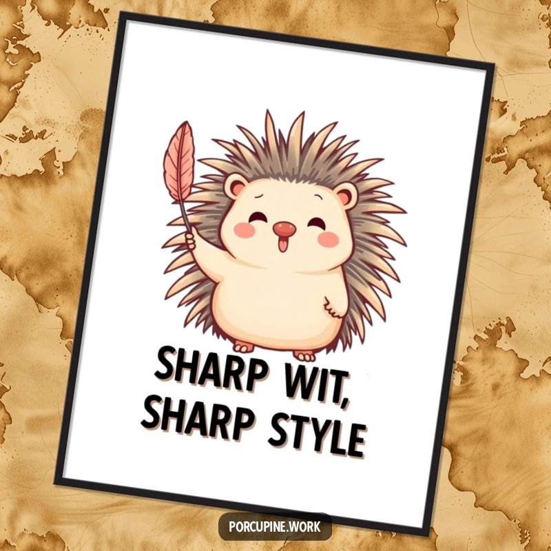 Funny Digital Art Print of a delightful porcupine character waving its quill, ready to be printed and enjoyed.