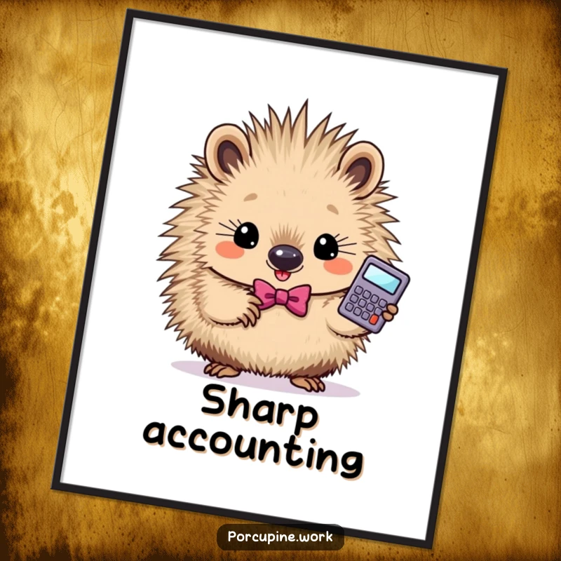 Funny smart porcupine digital art print showing a determined porcupine in a bowtie holding a tiny calculator.