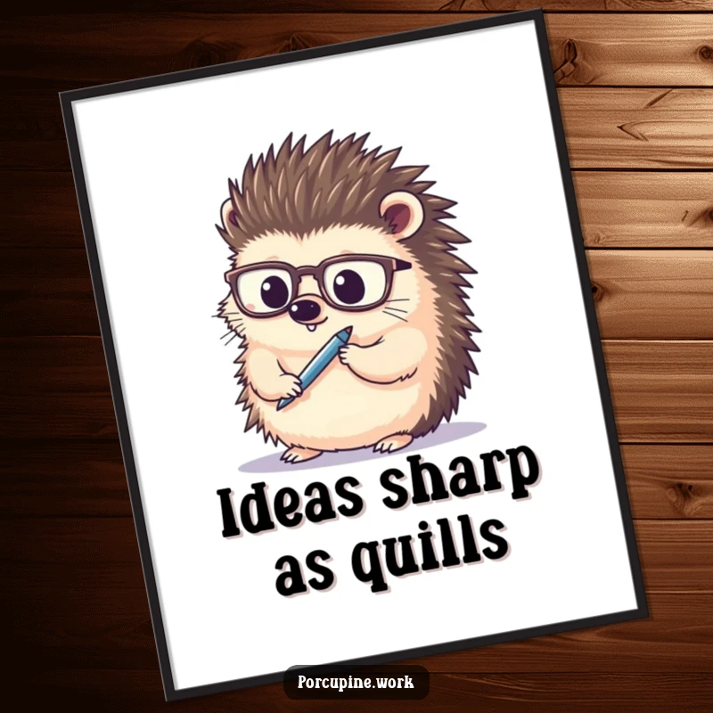 Funny porcupine wearing spectacles, thoughtfully holding a pen, digital art print for wall decor, intellectual and humorous.
