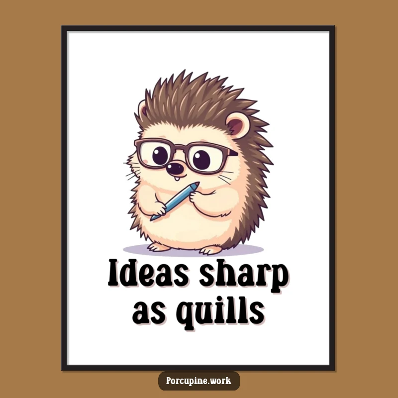 Funny Porcupine Intellectual Print: Framed Art with Spectacles and Pen, Perfect Funny Gift