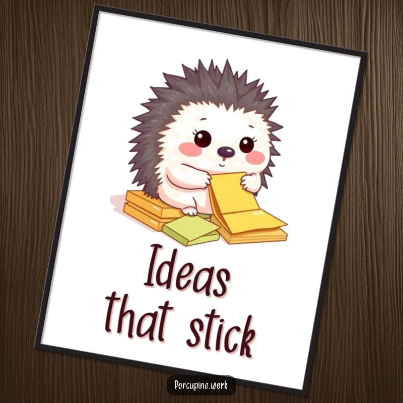 Funny digital art print of a happy porcupine sorting colorful sticky notes.
