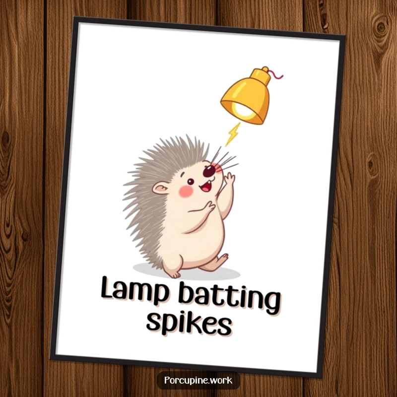 Funny porcupine digital art print of a porcupine playfully batting at a dangling desk lamp, embodying curiosity and whimsical energy.