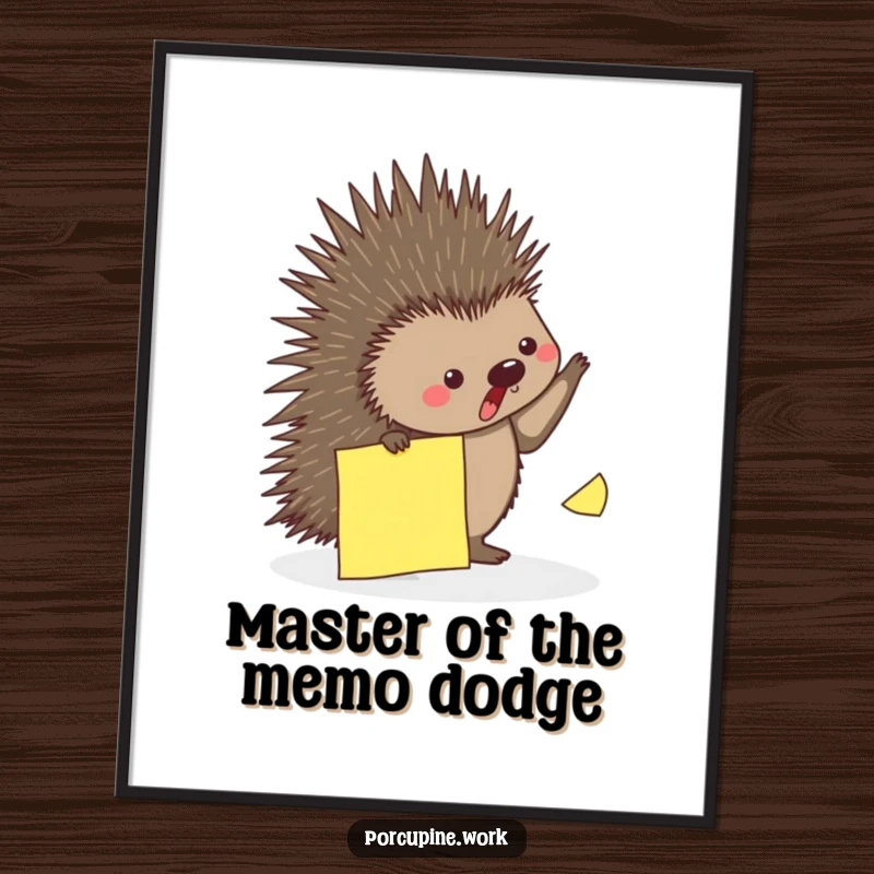 Funny digital art print of a porcupine playfully dodging a falling sticky note, ideal for instant humorous decor.