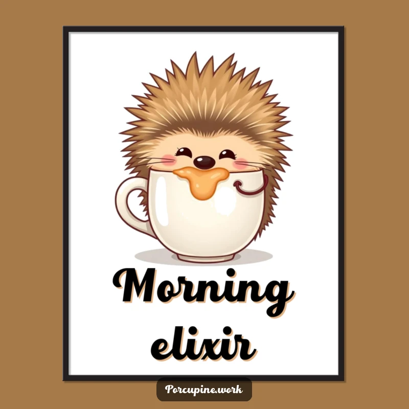 Funny Sipping Porcupine Digital Art: Instant Coffee Cheer, A Hilarious Gift!