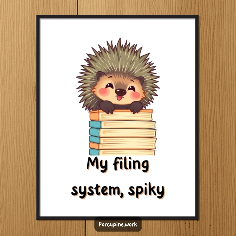Funny porcupine peeking over a towering stack of files with amusement, a humorous and printable office art piece.
