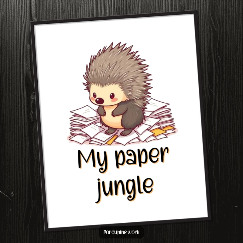 Funny porcupine digital art print capturing a resilient porcupine standing tall on a mountain of papers, an amusing representation of office life.