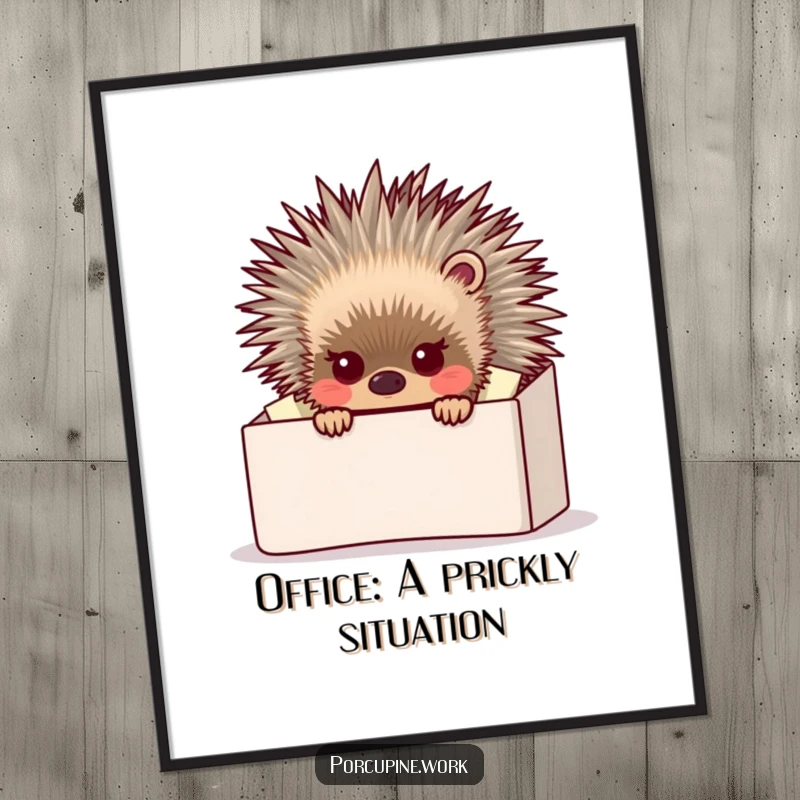 Funny porcupine peeking from behind a mountain of paperwork, comical digital art print for office humor.