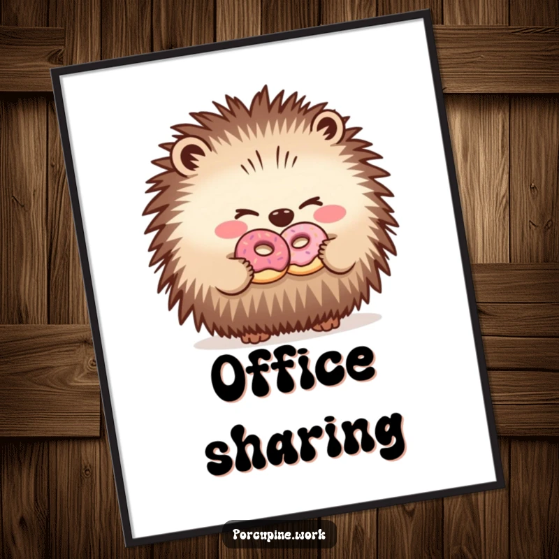 Funny digital art print of a porcupine winking and sharing a donut, ideal for instant humorous wall decor.