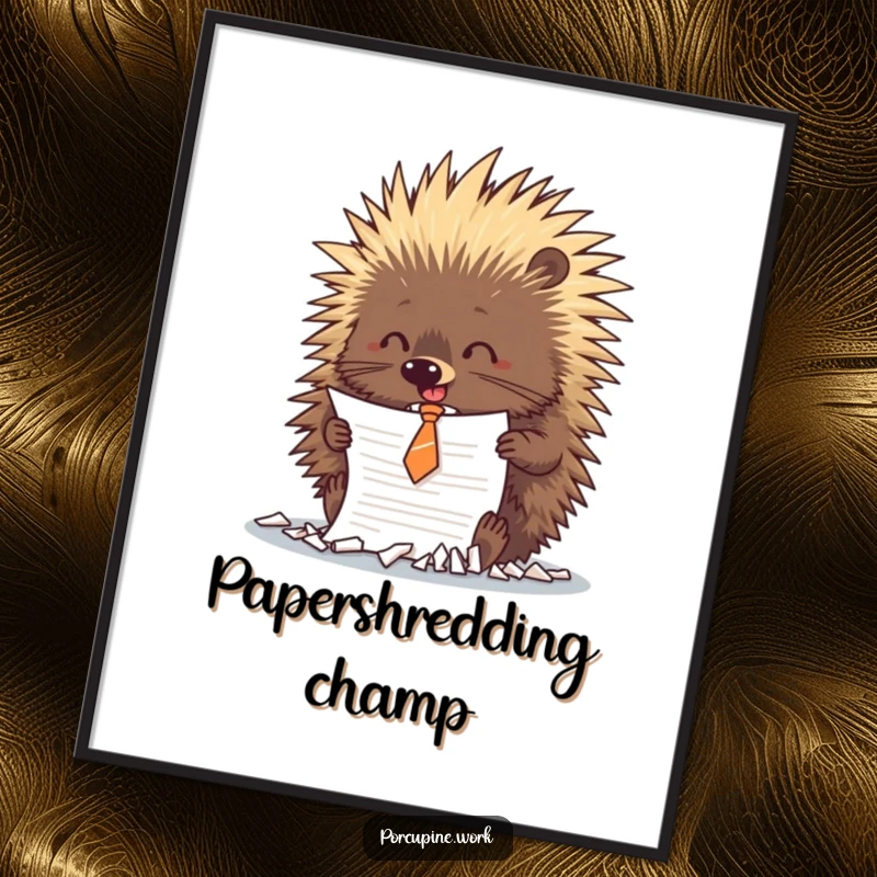 Funny porcupine in a small tie playfully shreds a document, symbolizing office rebellion on this humorous digital art print.