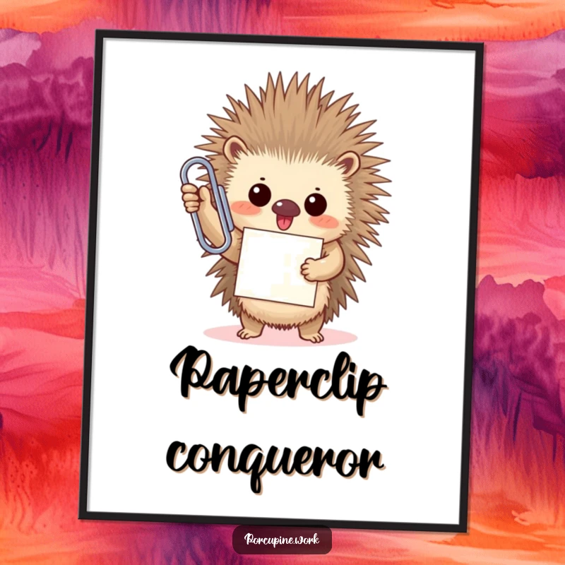 Funny porcupine triumphantly holds an oversized paperclip with a proud smile, symbolizing office success on this humorous digital art print.