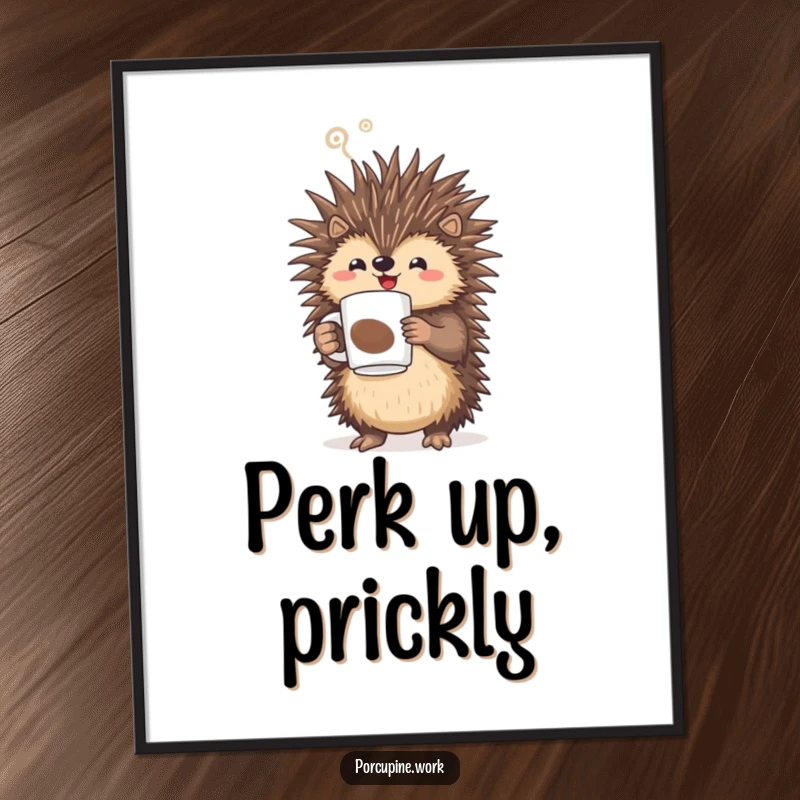 Funny porcupine triumphantly holding a steaming coffee mug, inspirational digital art print for coffee enthusiasts.