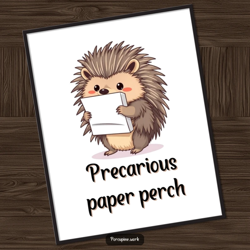 Funny porcupine balancing a large stack of paper with its quills; this vibrant digital art brings organization humor.
