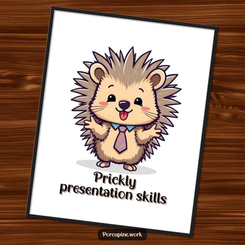 Funny porcupine in a tie energetically presenting complex business strategies, a vibrant digital art print.