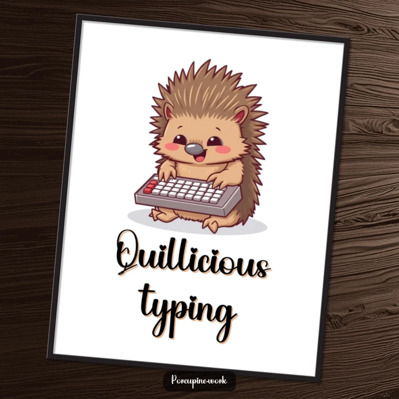 Funny porcupine digital art print of a porcupine gleefully typing on a miniature keyboard, a humorous and delightful piece for any space.