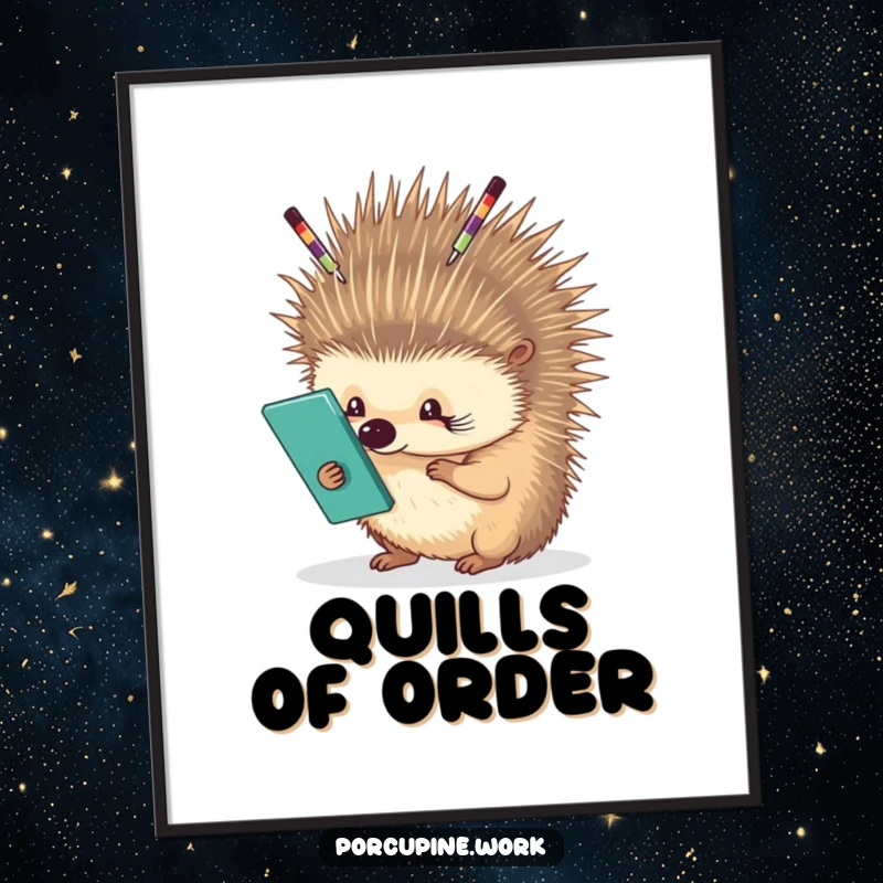 Funny porcupine carefully balancing office supplies on its quills, digital art print for wall decor, humorous office art.
