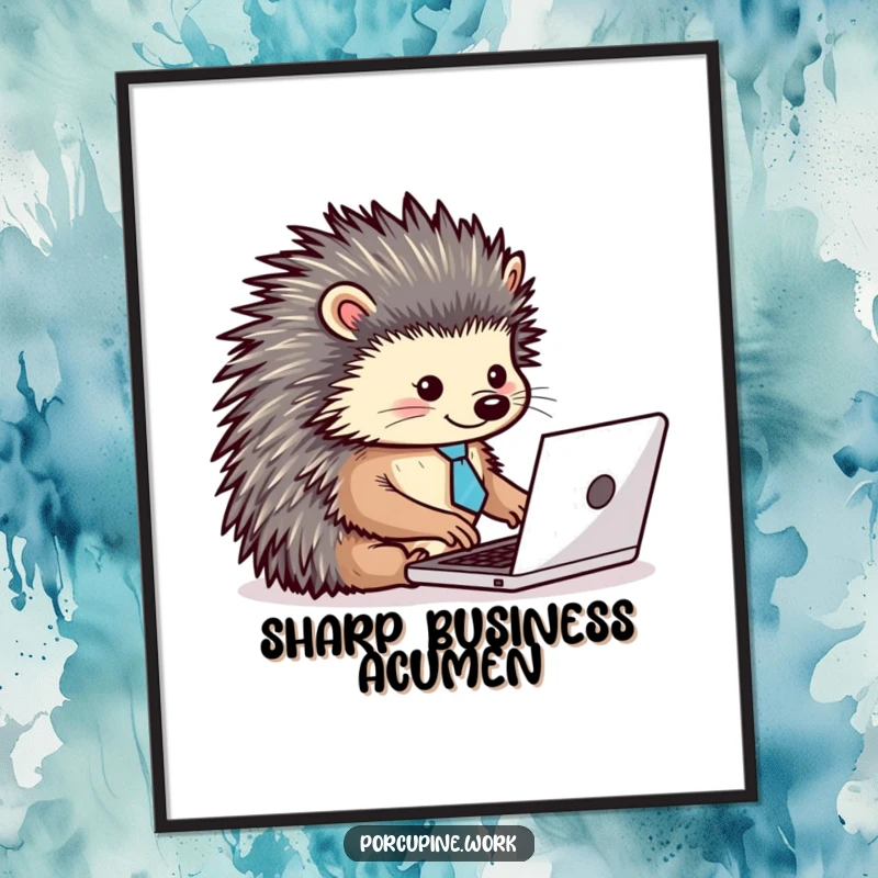 Funny digital art print of a porcupine wearing a tiny tie, typing energetically on a laptop, ideal for humorous workspace decor.