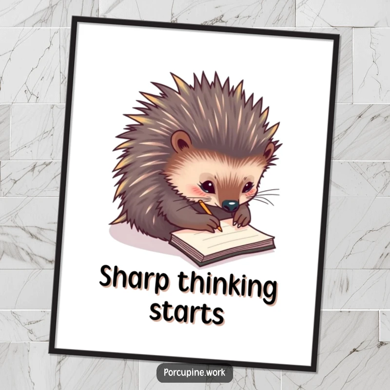 Funny digital art print of a porcupine diligently scribbling notes on a tiny notepad, bringing instant, humorous, and organizational charm to any wall.