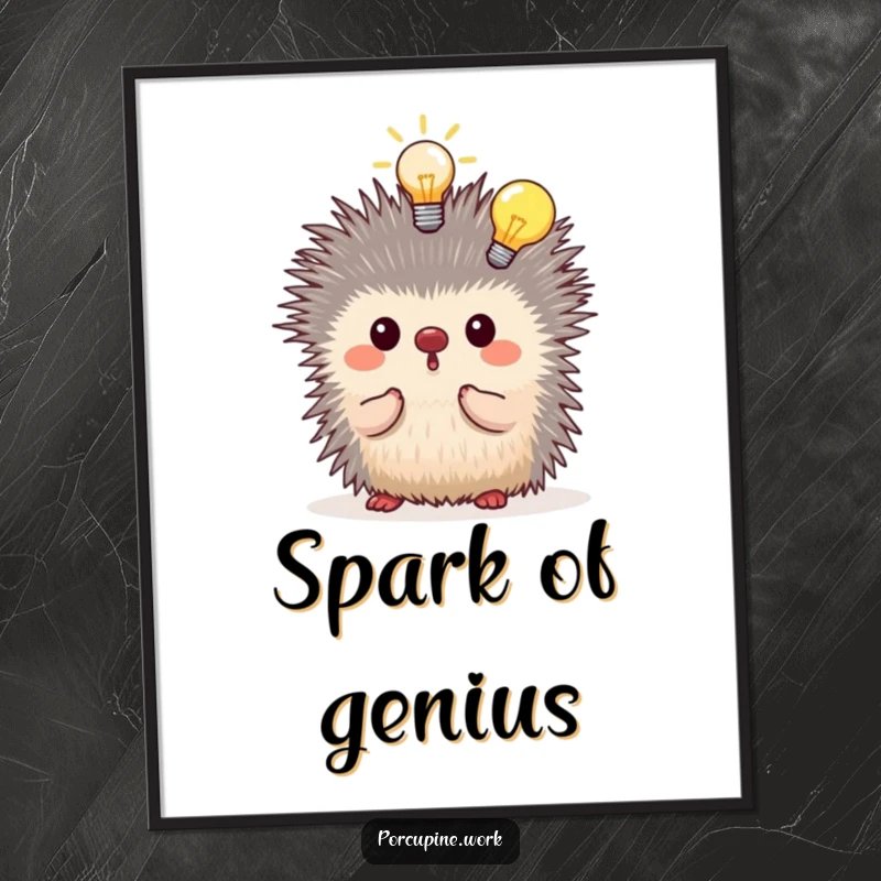Funny porcupine having a lightbulb moment above its head, digital art print for wall decor, inspirational and humorous.