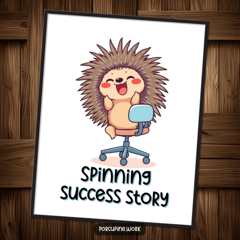 Funny digital art print of a porcupine joyfully riding an office chair, bringing instant humor and energy to decor.