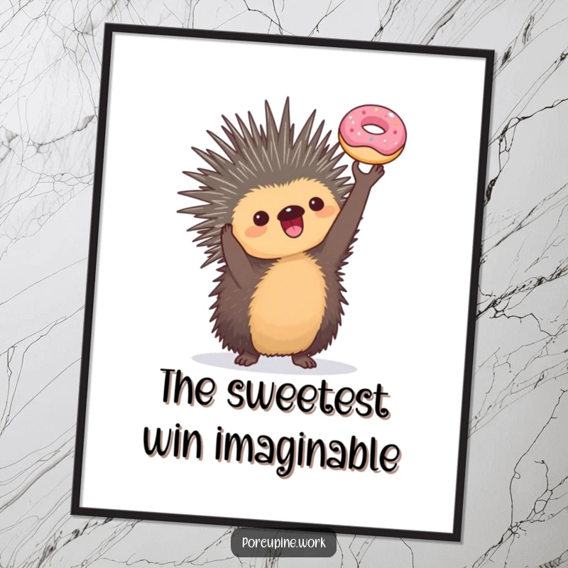 Funny digital art print of a porcupine holding a miniature donut triumphantly, offering instant humorous decor and a sense of sweet achievement.